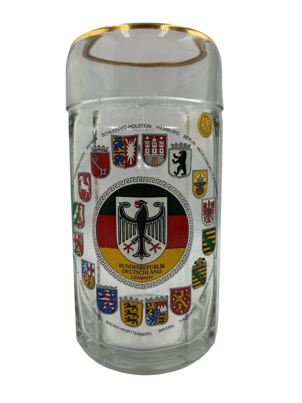German Bundesrepublik Glass Beer Stein Gold Rim & State Coat Of Arms Motif 0.5L
